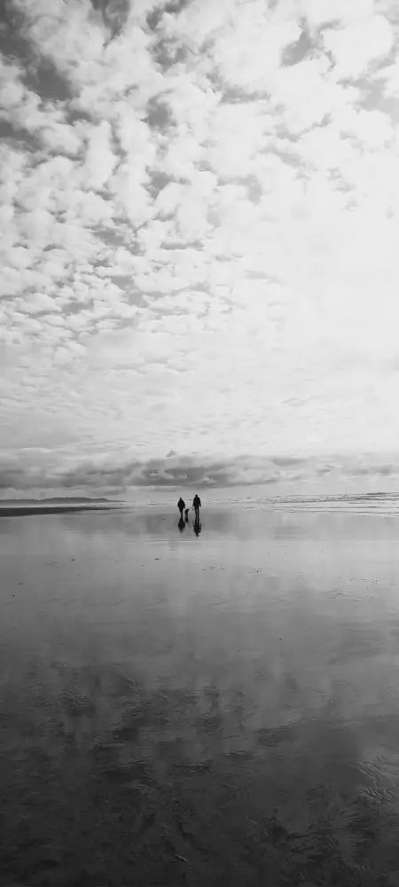 Two people walking on a beach with a large, cloud-filled sky.
